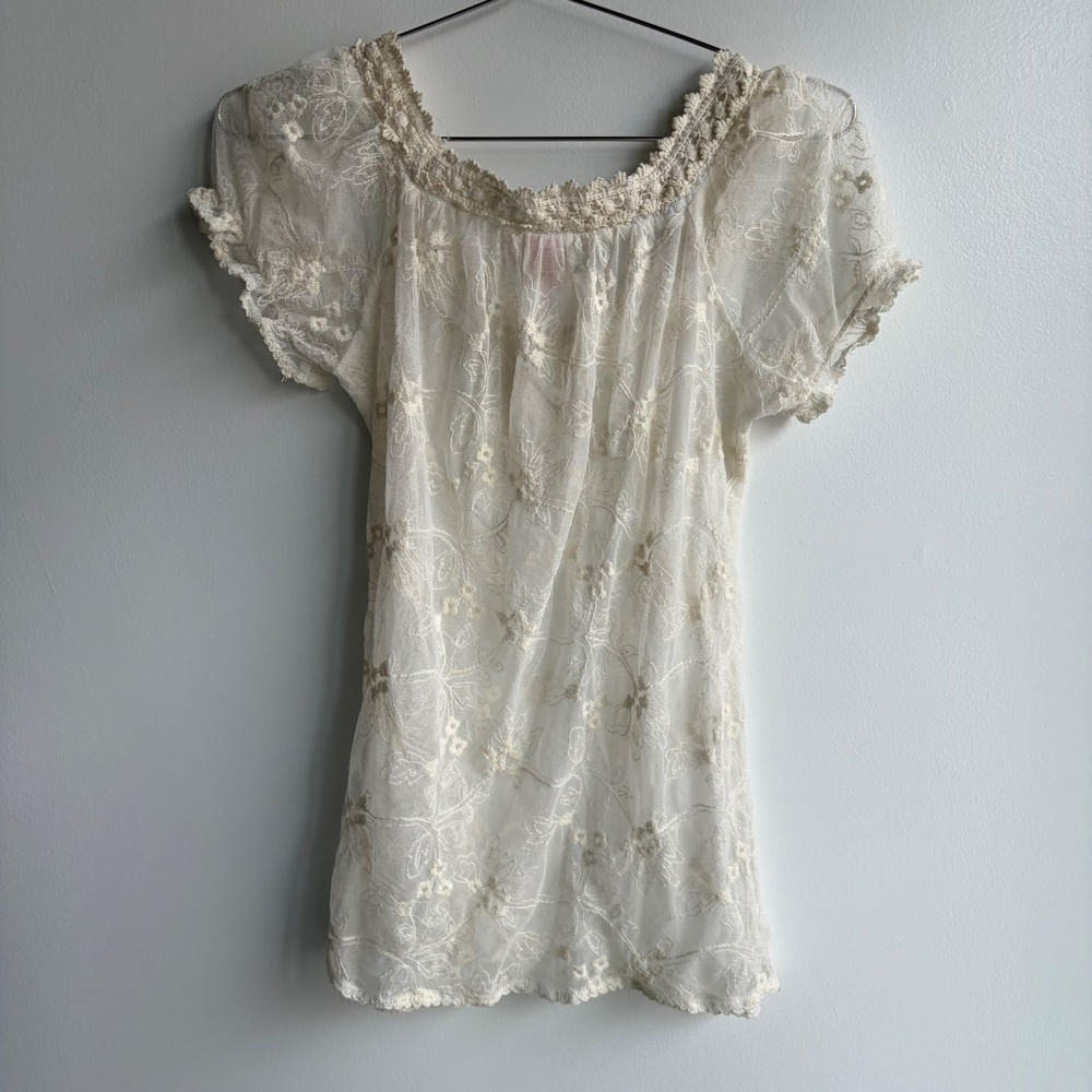 Rue21 Cream Lace Mesh Floral Embroidered Henley Top Medium - Picture 3 of 5